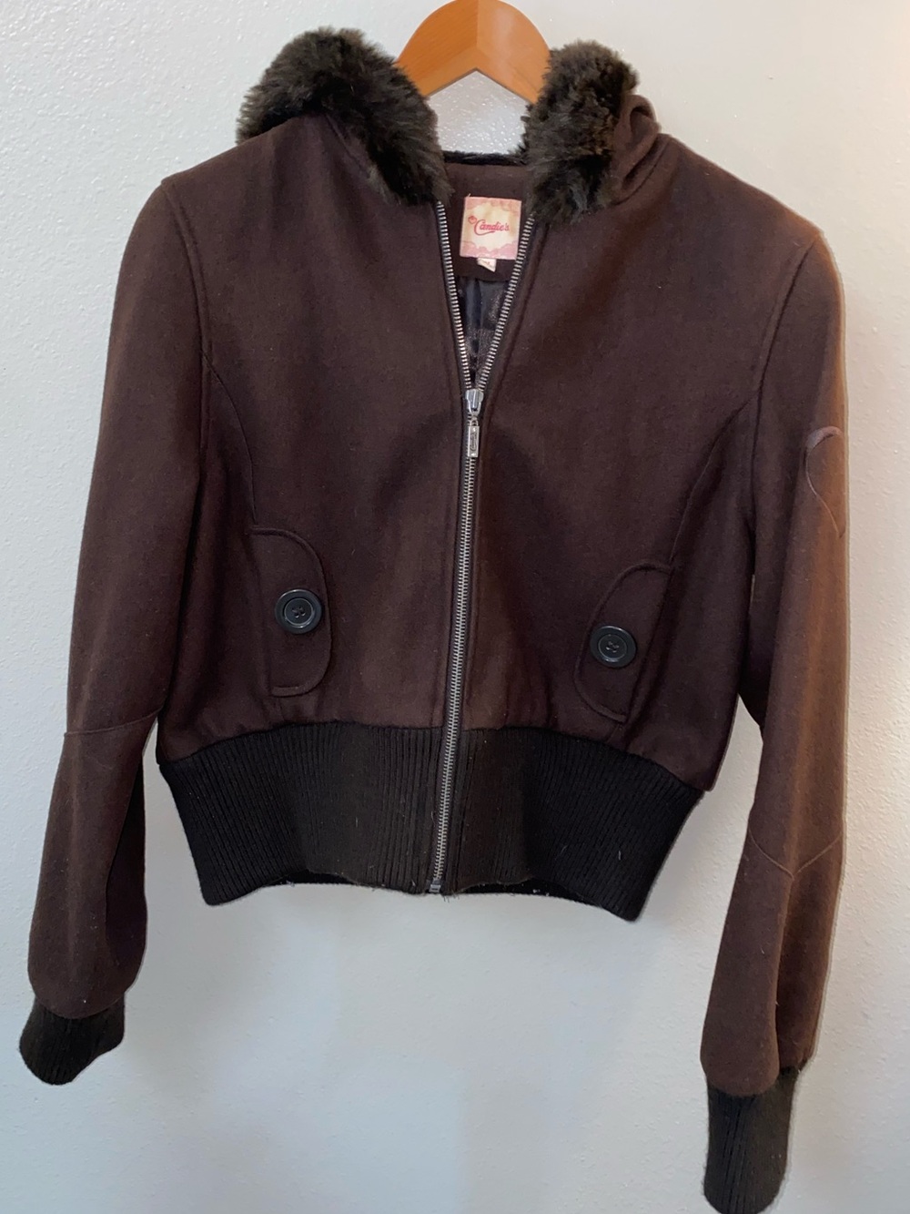 Vintage Y2K Candie's Wool Cropped Bomber Jacket Faux Fur Trim Brown XL